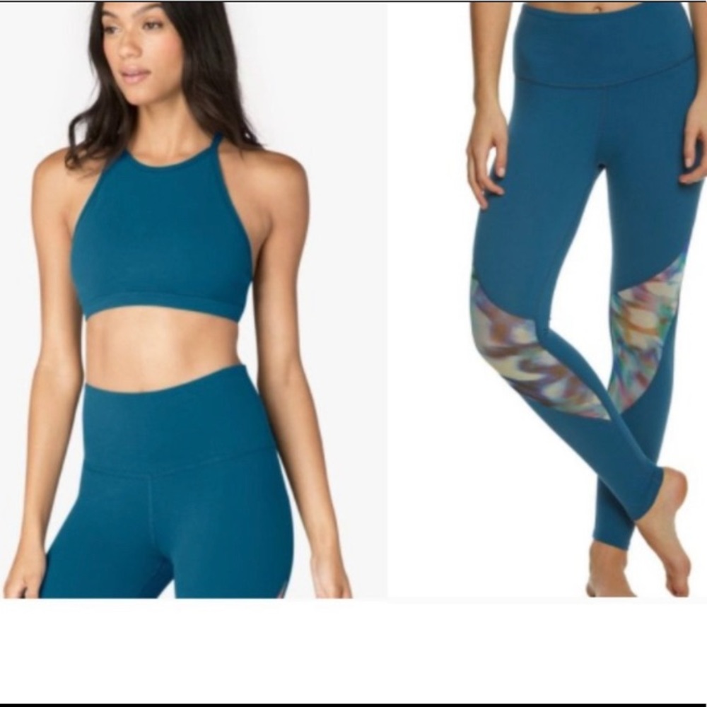 Beyond Yoga 2pc set Teal High-Waist Leggings with Printed Panels + bra top